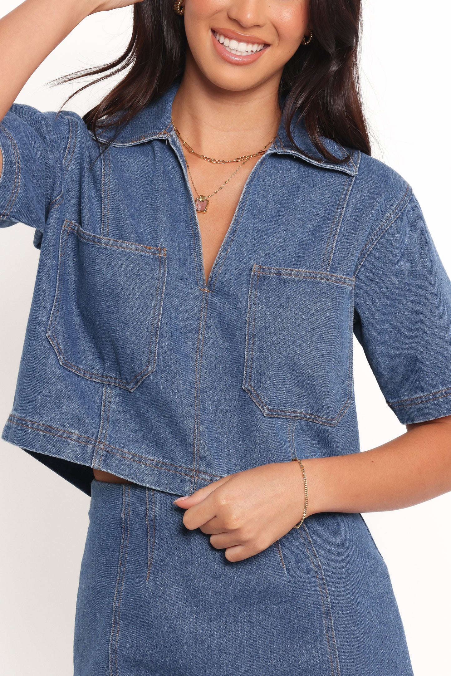 Collar & Pocket Crop Top & Skirt Set