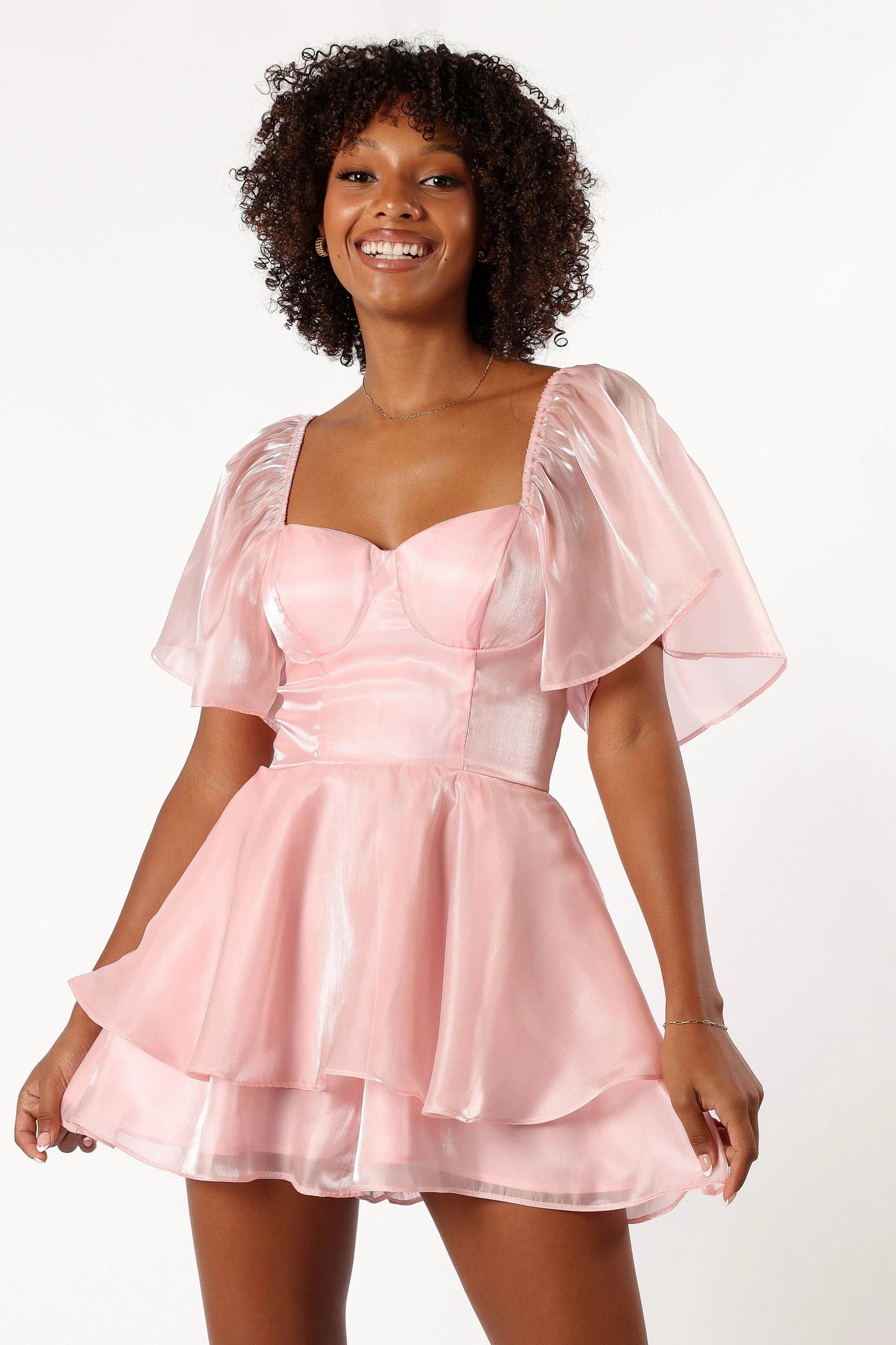 Organza Sheer-Sleeve Tiered Romper