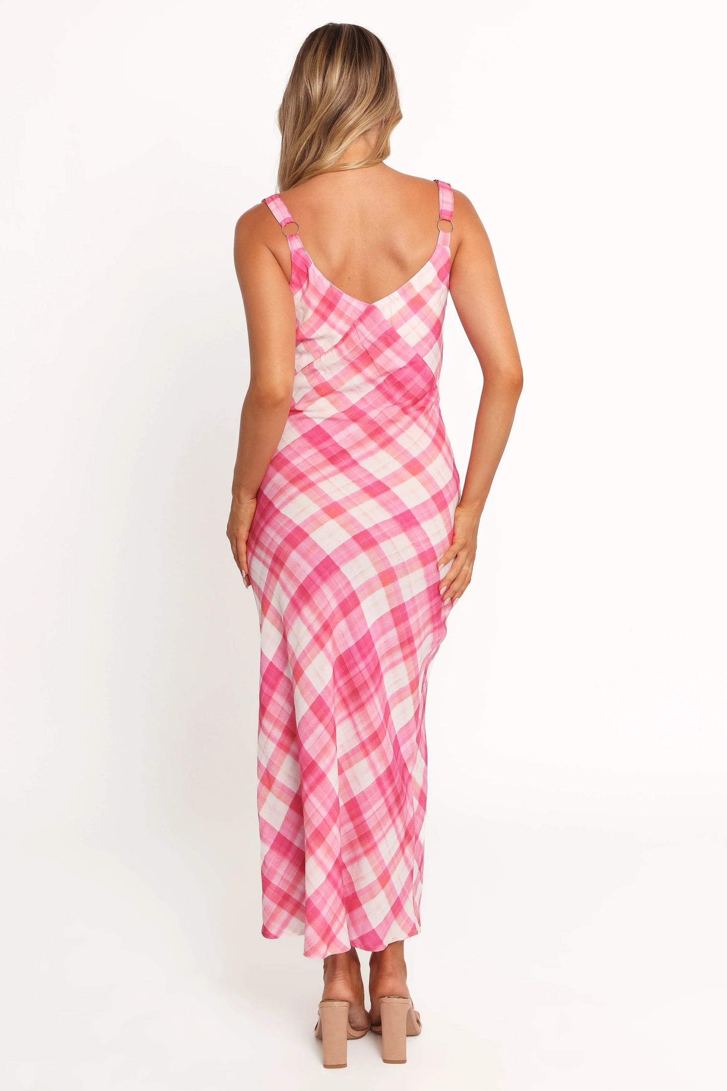 Pink Check V-Neck Pull-On Midi Dress