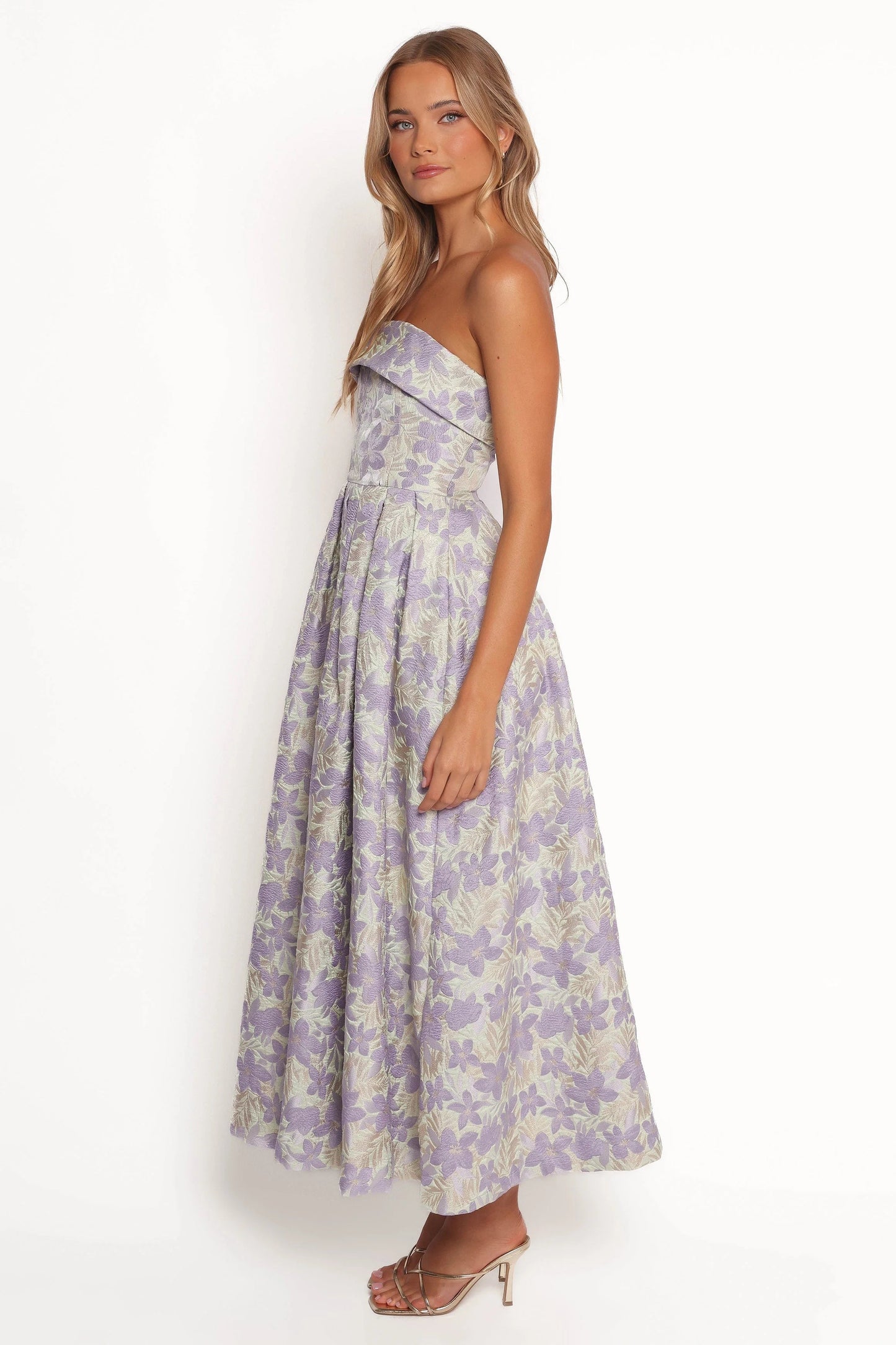 Sage Floral Strapless Pleated Midi Dress