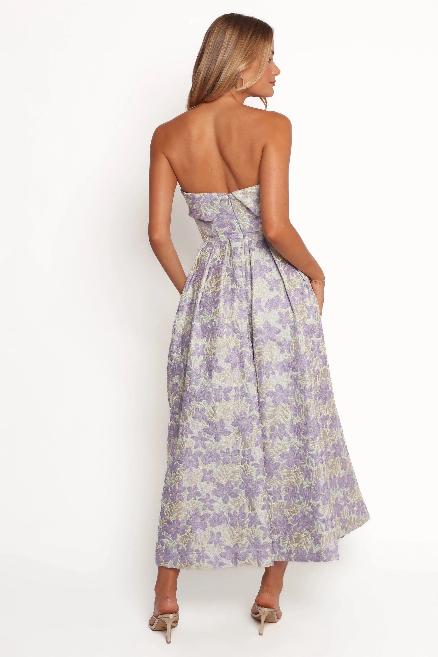 Sage Floral Strapless Pleated Midi Dress