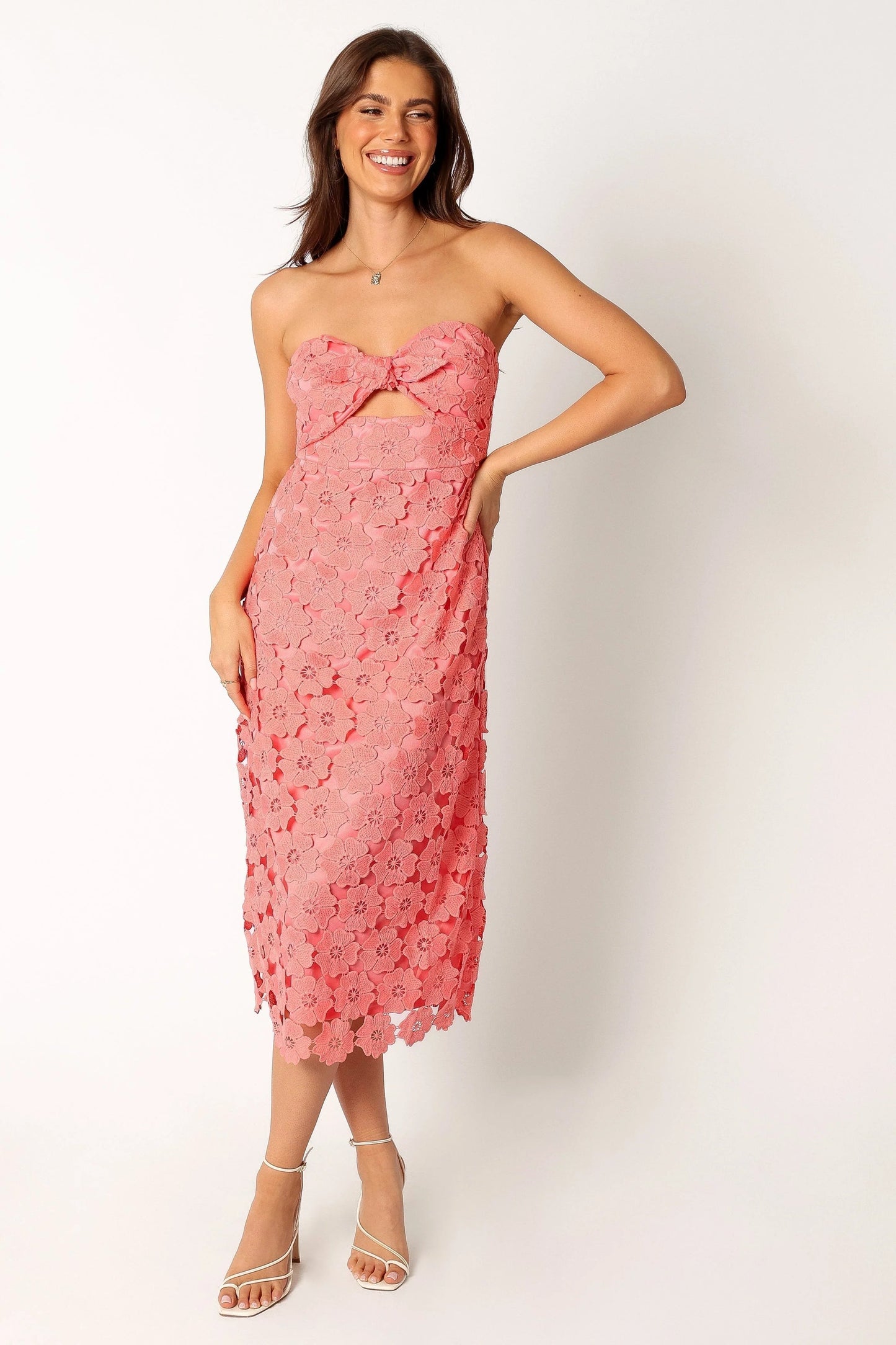 Sweetheart Knot-Detail Strapless Midi Dress