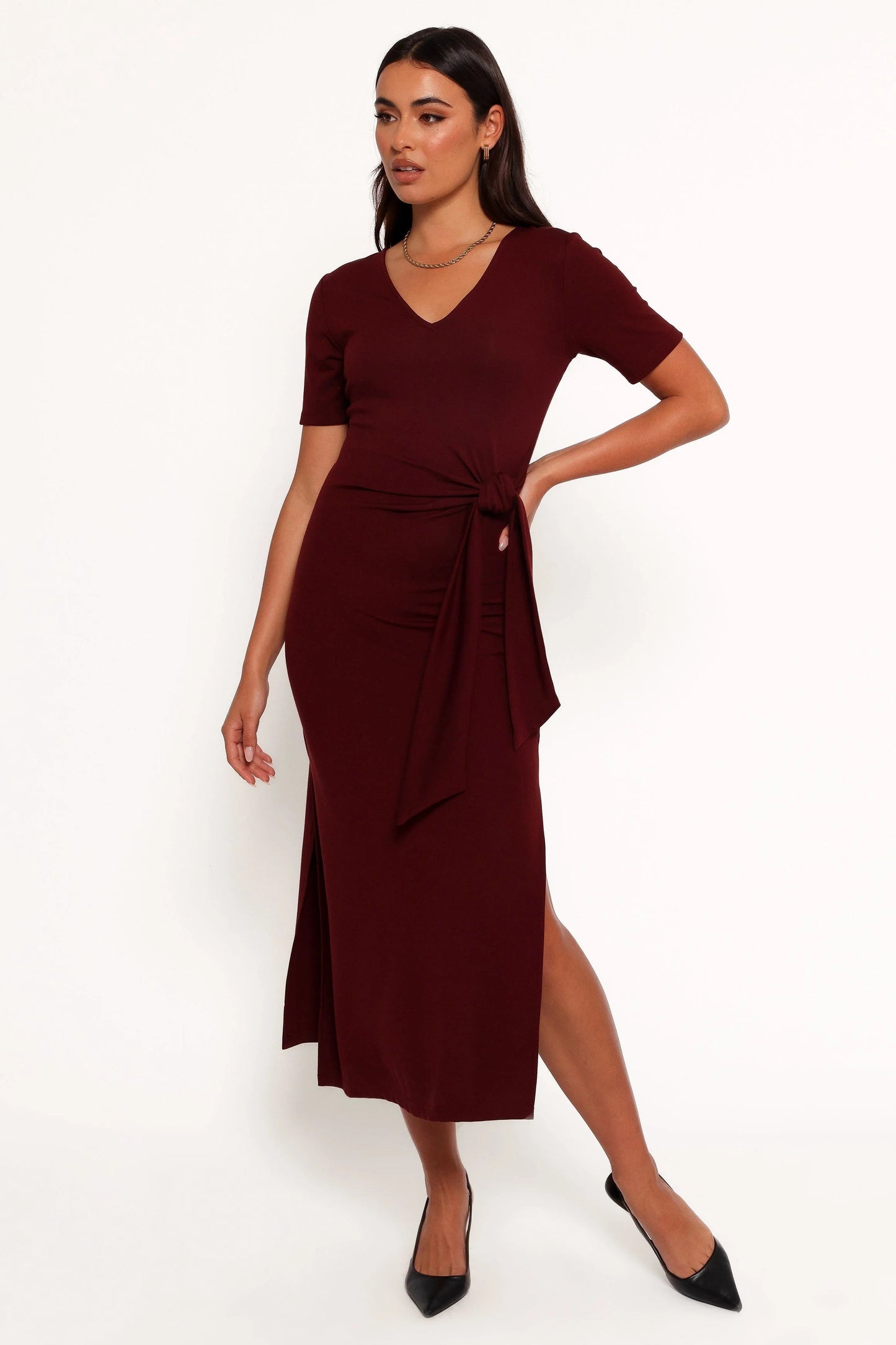 Tie-Waist Round-Neck Midi Dress