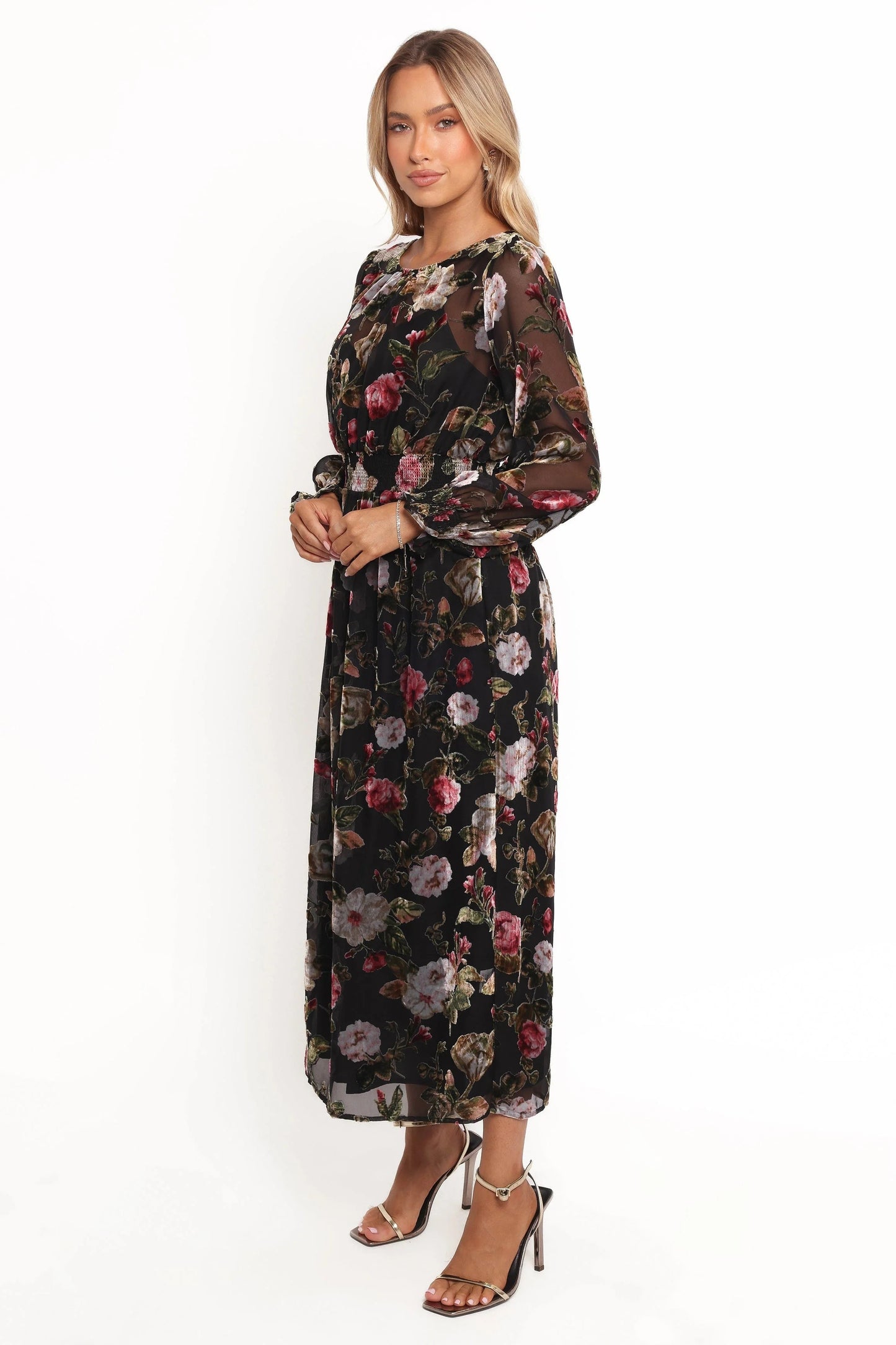 Velvet Floral High-Neck Midi Dress
