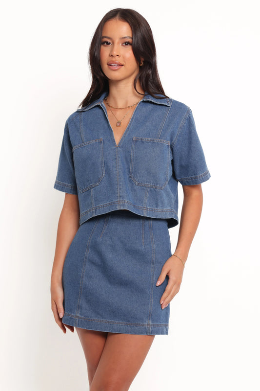 Collar & Pocket Crop Top & Skirt Set