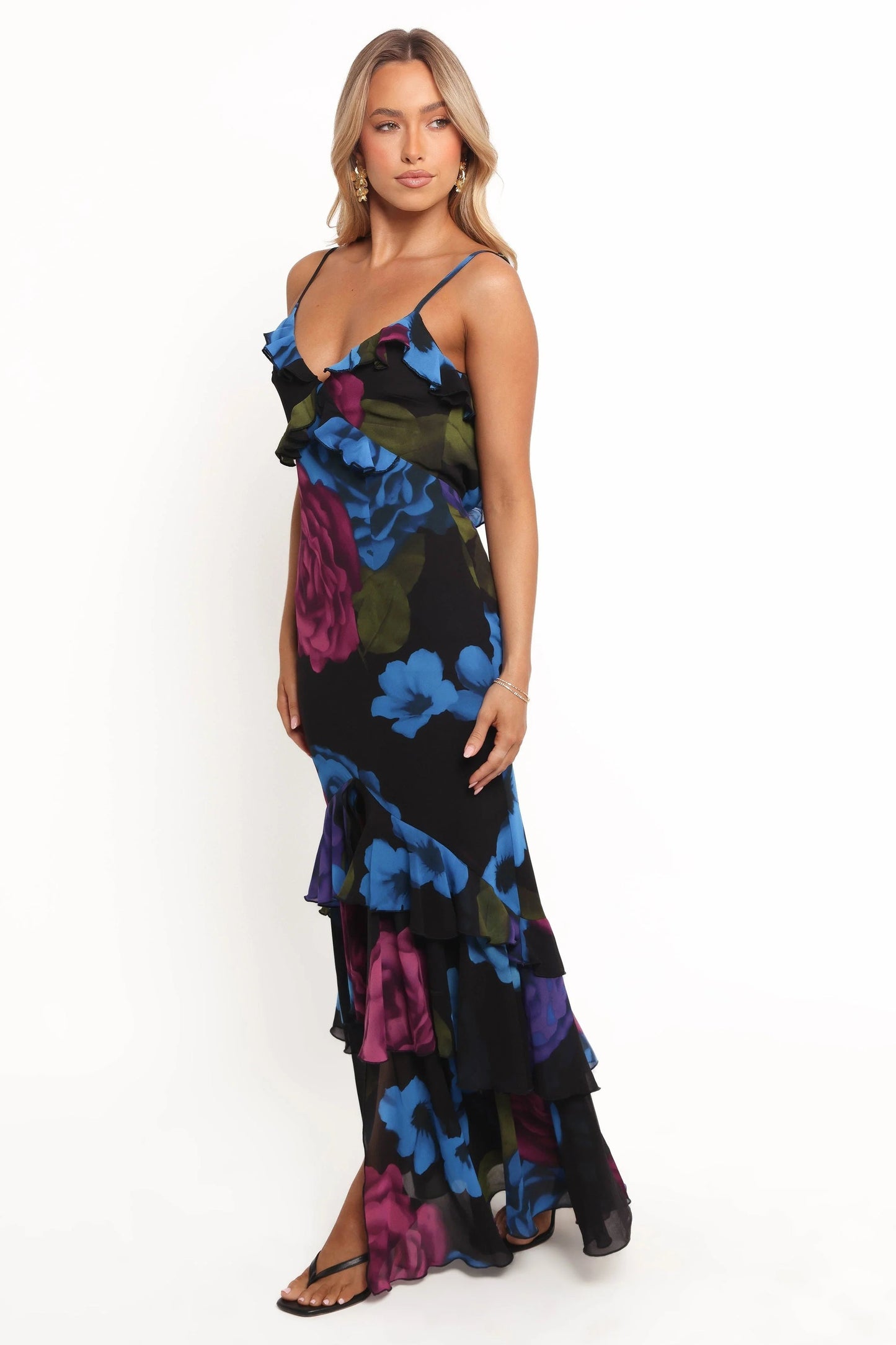 Frill-Trim Pink Multi V-Neck Maxi Dress
