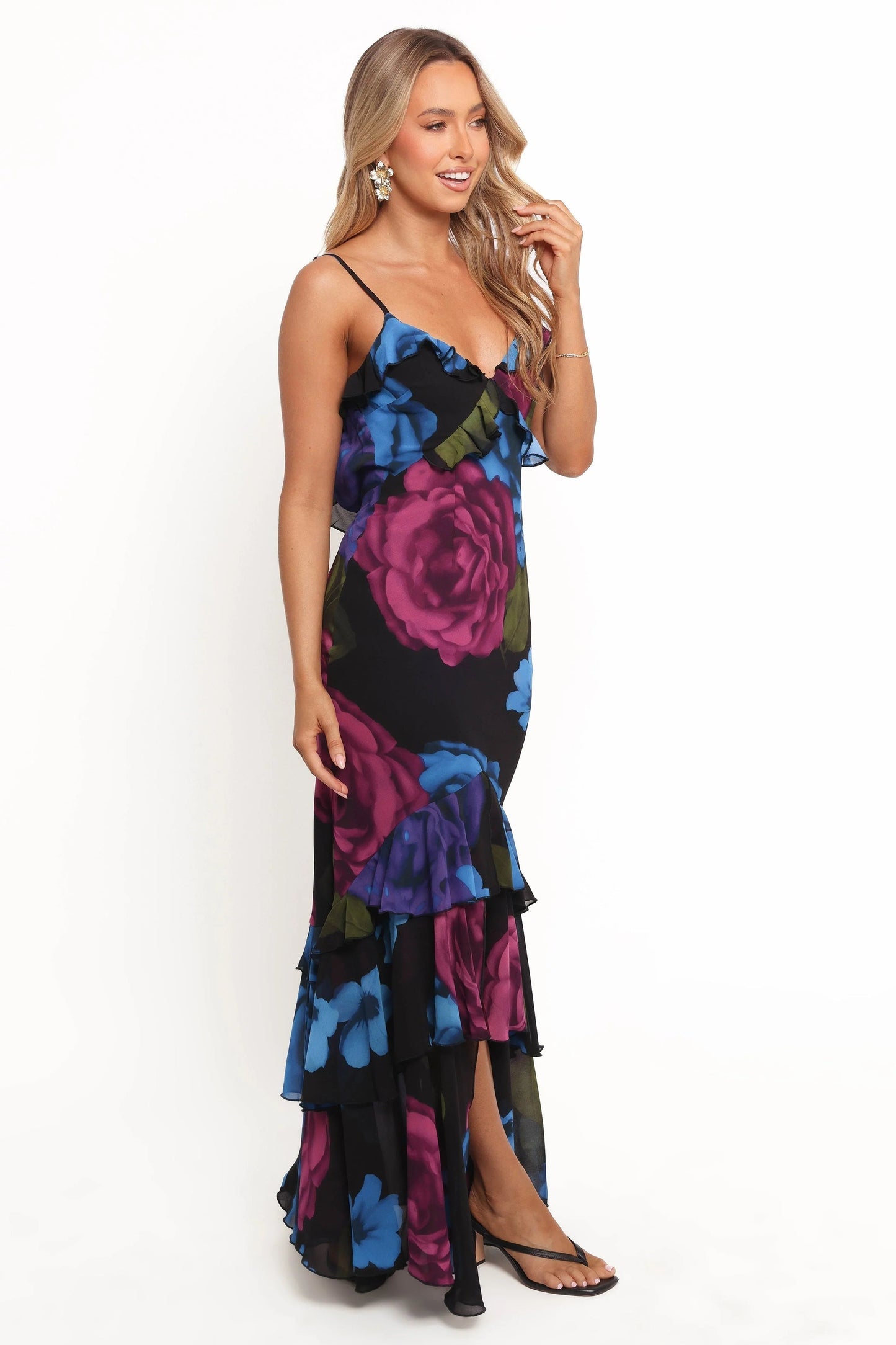 Frill-Trim Pink Multi V-Neck Maxi Dress