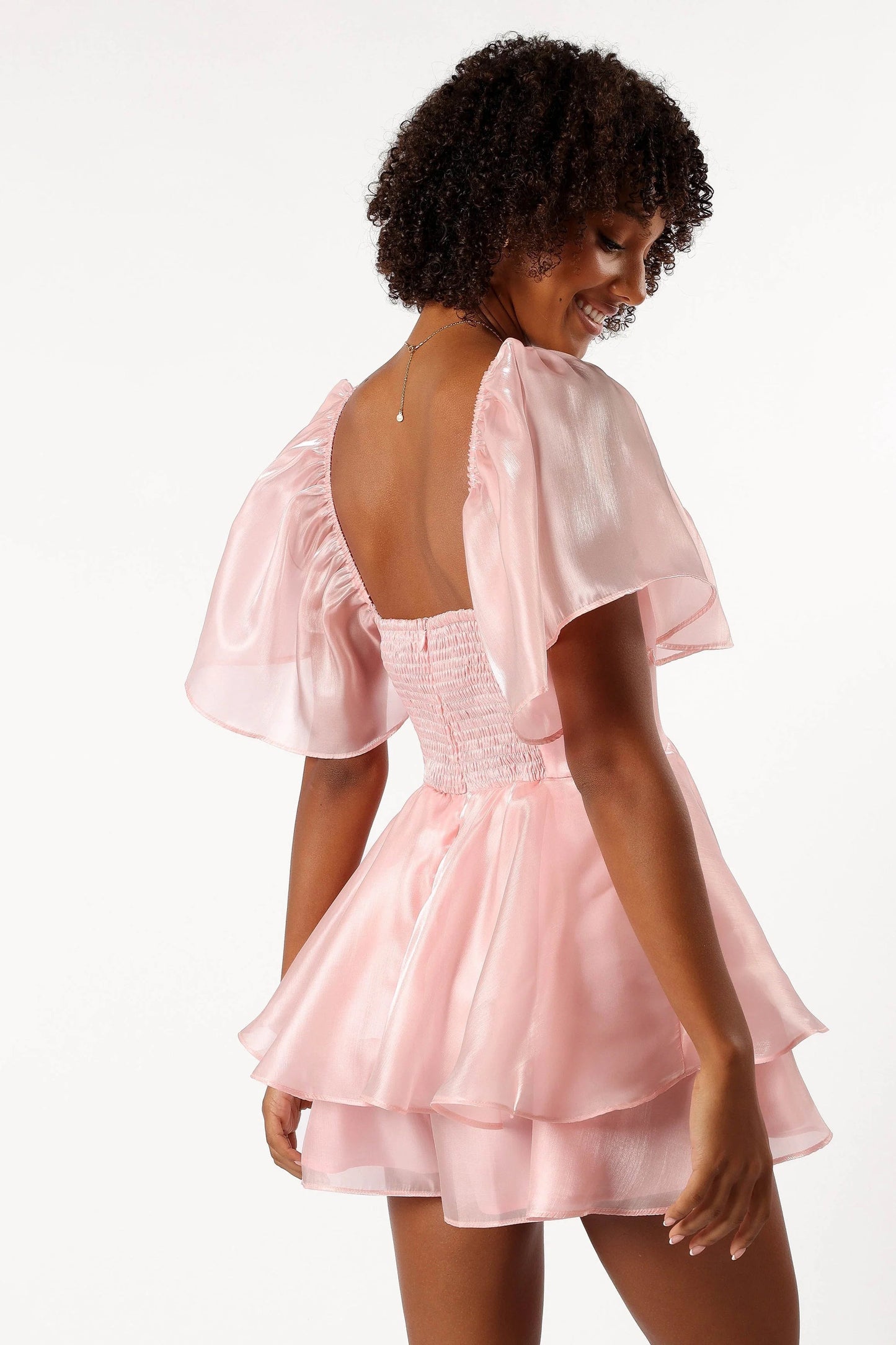 Organza Sheer-Sleeve Tiered Romper