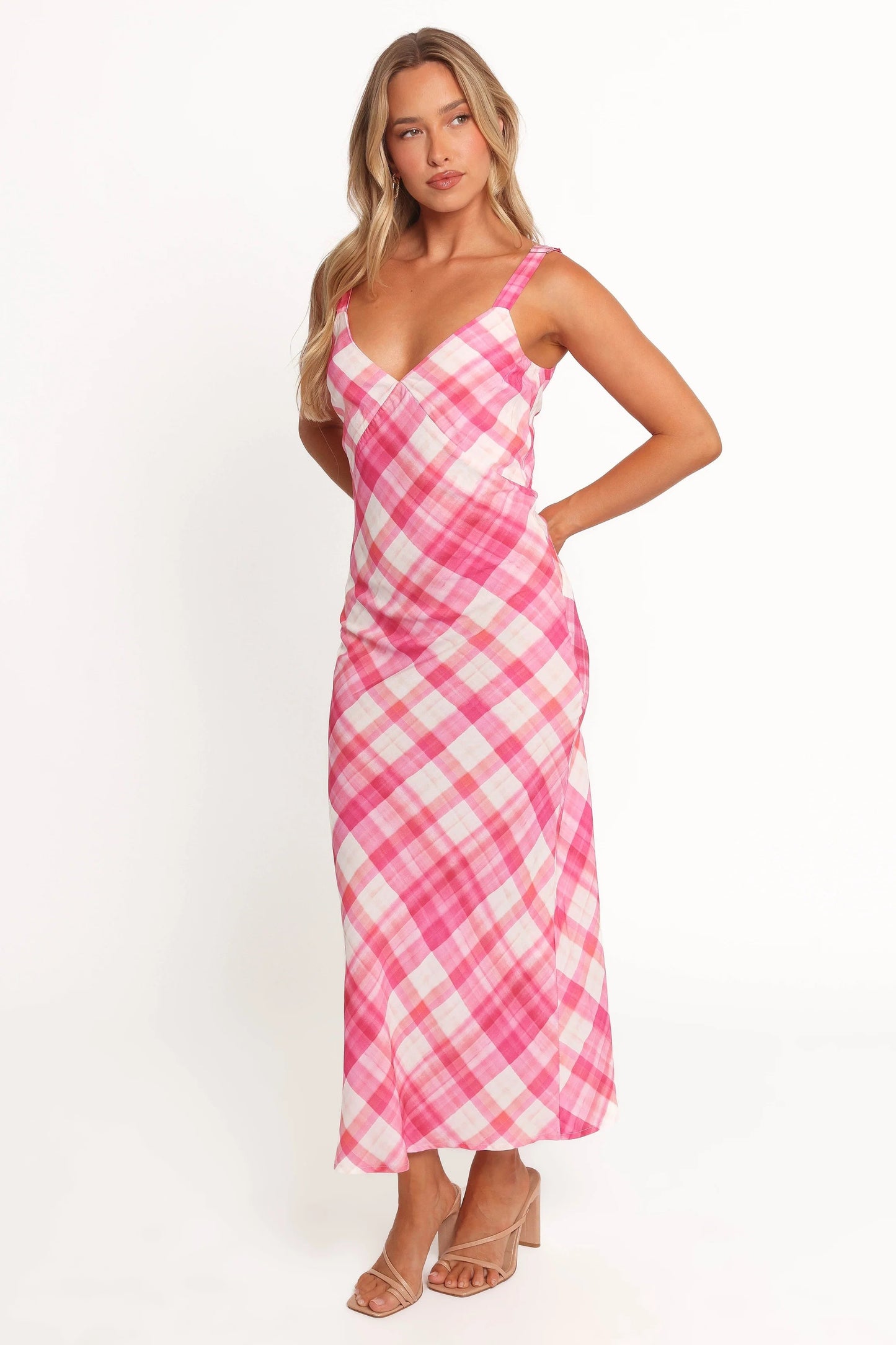 Pink Check V-Neck Pull-On Midi Dress