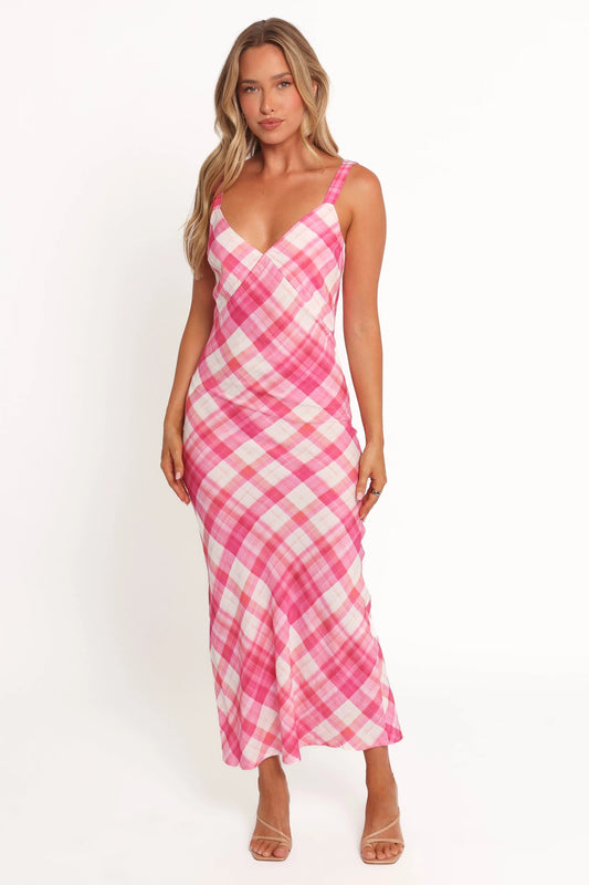Pink Check V-Neck Pull-On Midi Dress