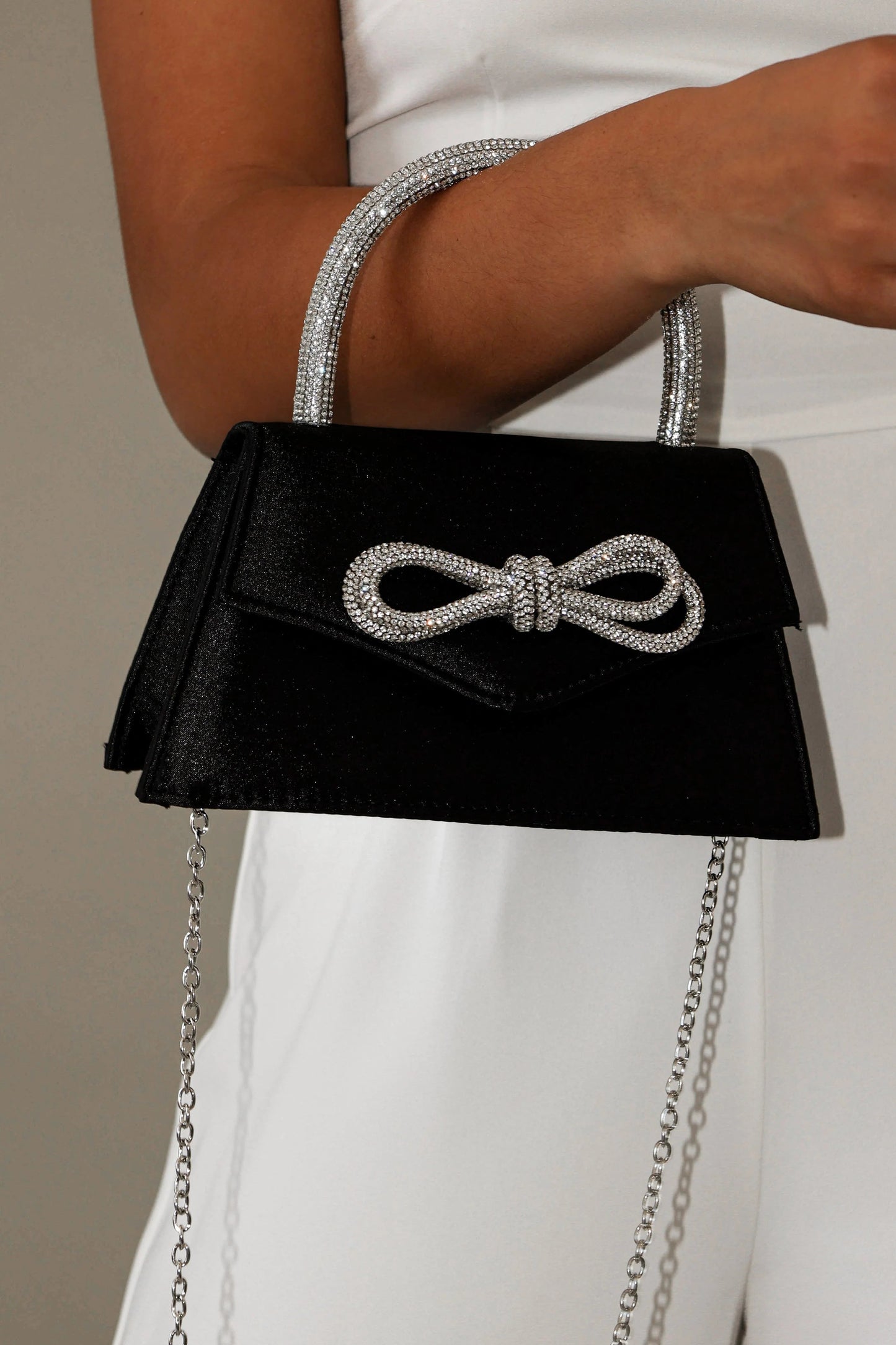 Rhinestone Bow Satin Clutch