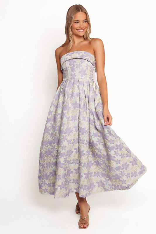 Sage Floral Strapless Pleated Midi Dress