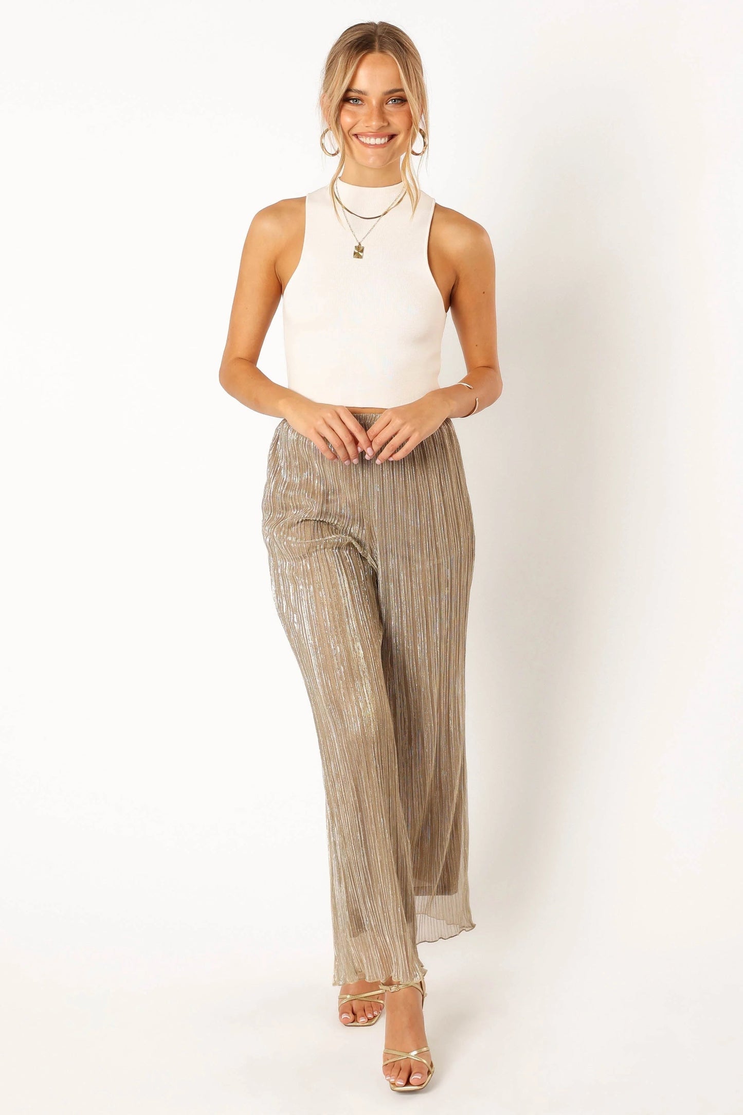 Silver Plissé High-Waist Relaxed Pants