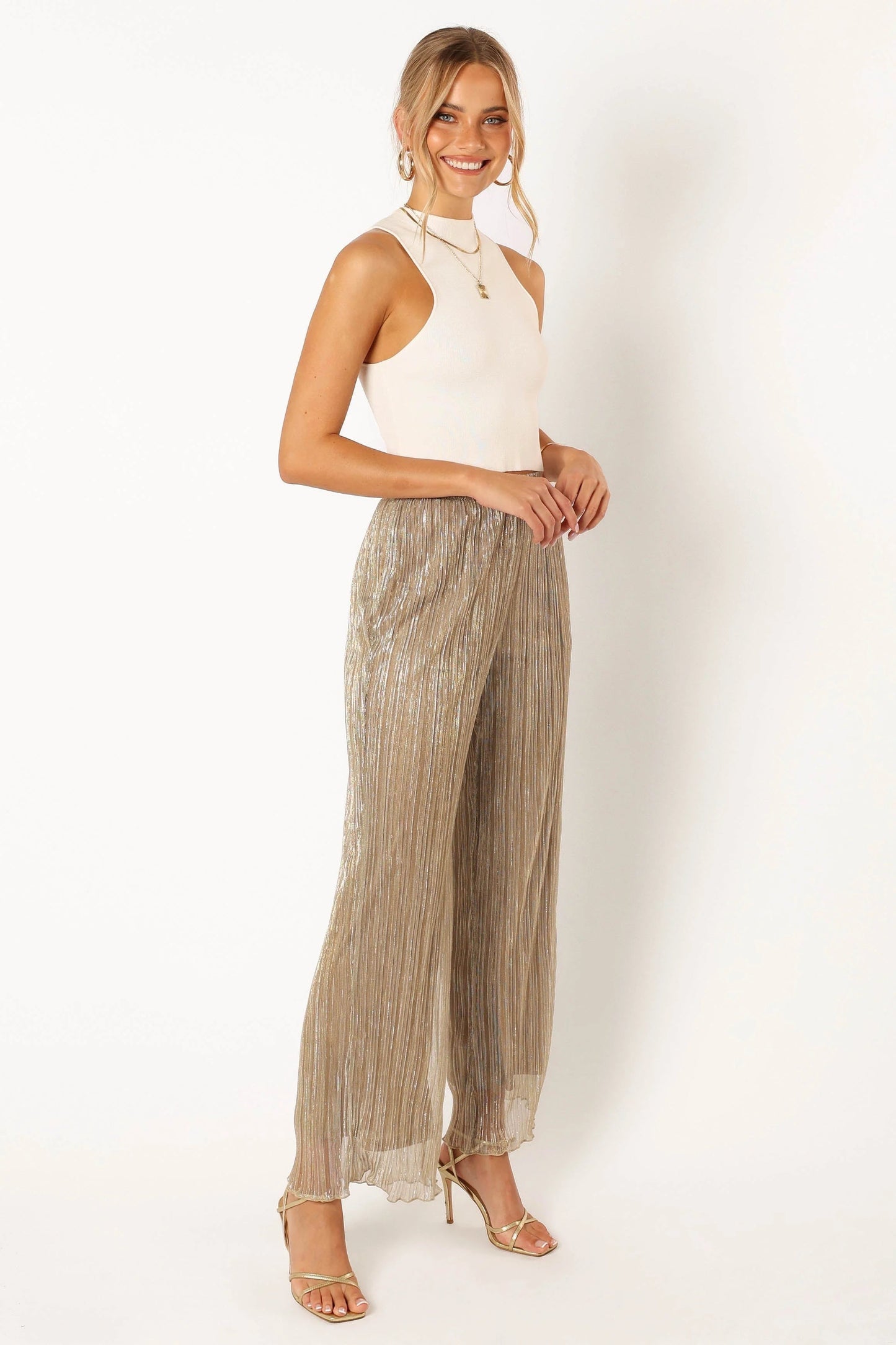 Silver Plissé High-Waist Relaxed Pants