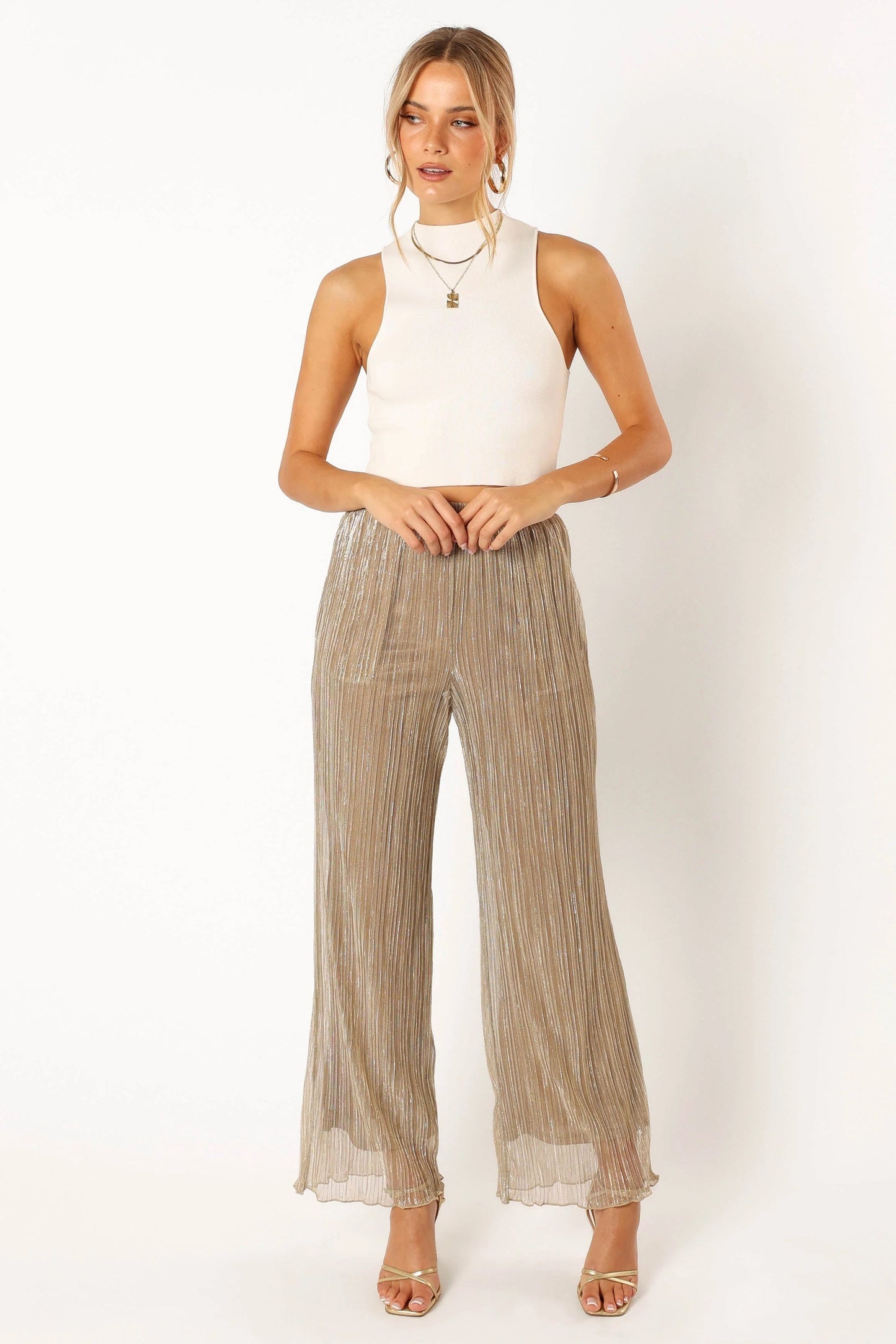 Silver Plissé High-Waist Relaxed Pants