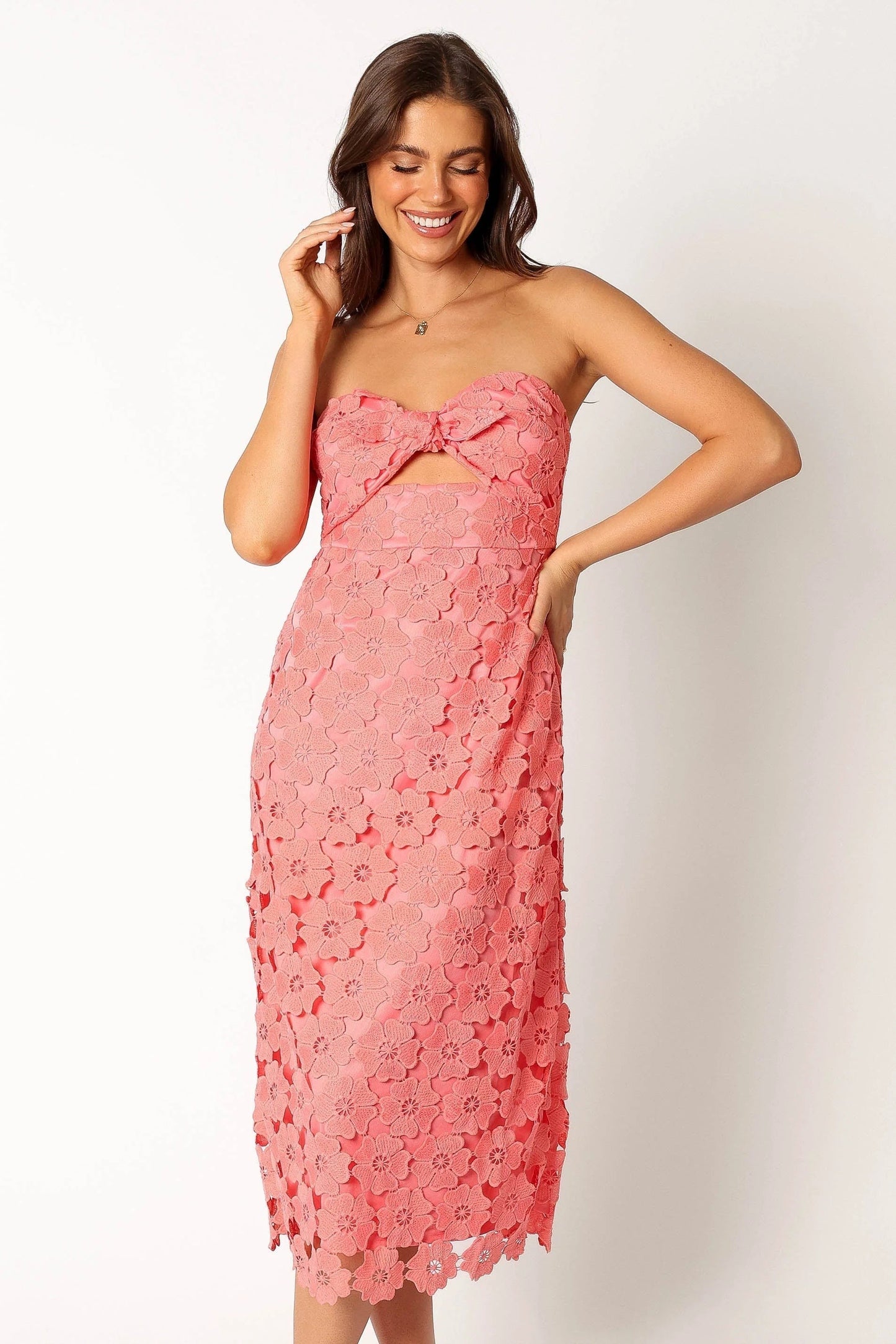 Sweetheart Knot-Detail Strapless Midi Dress