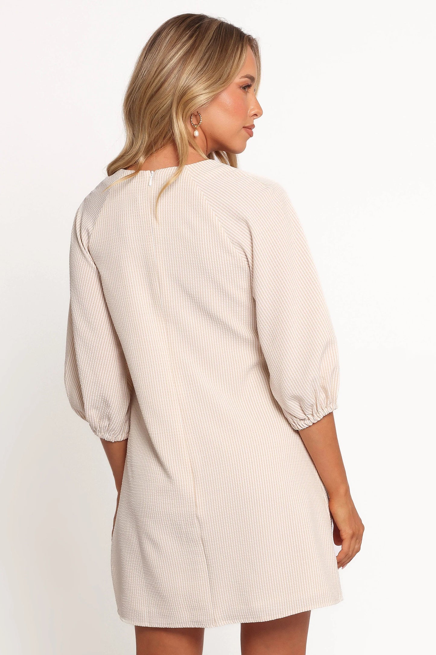 Tie-Neck Tan-Stripe Mini Dress