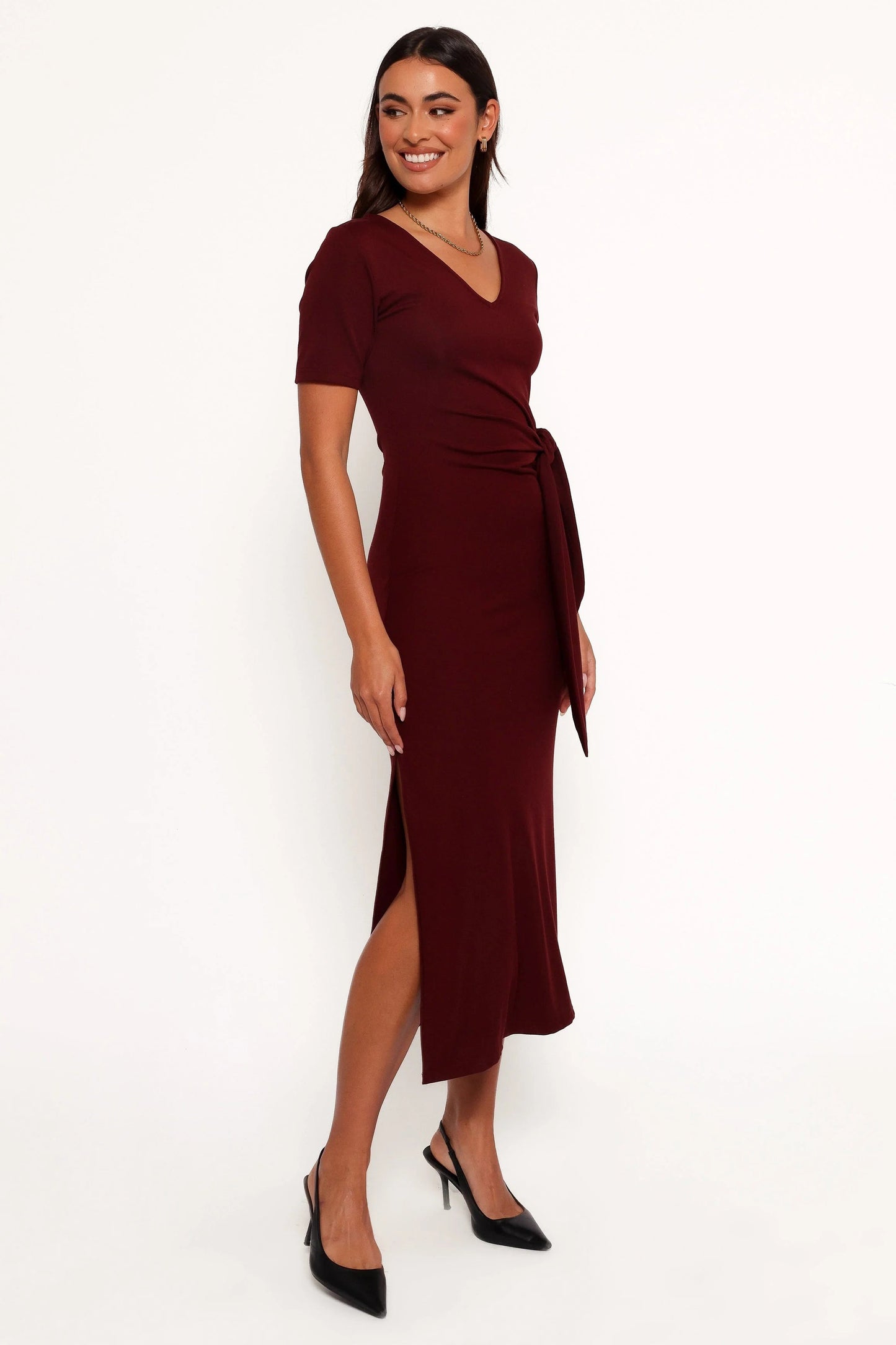 Tie-Waist Round-Neck Midi Dress