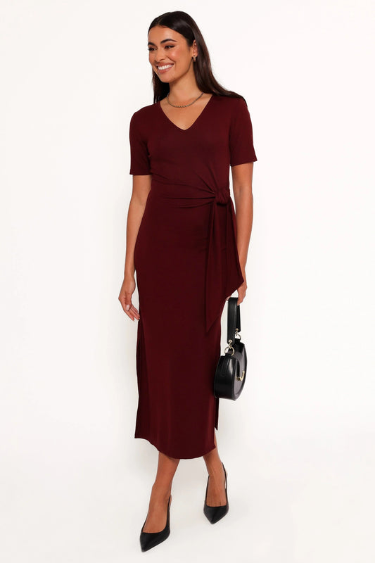 Tie-Waist Round-Neck Midi Dress