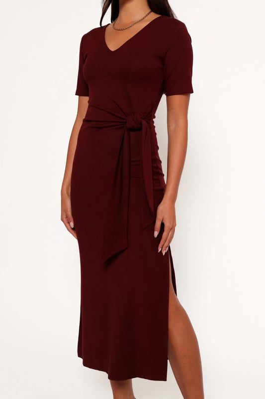 Tie-Waist Round-Neck Midi Dress