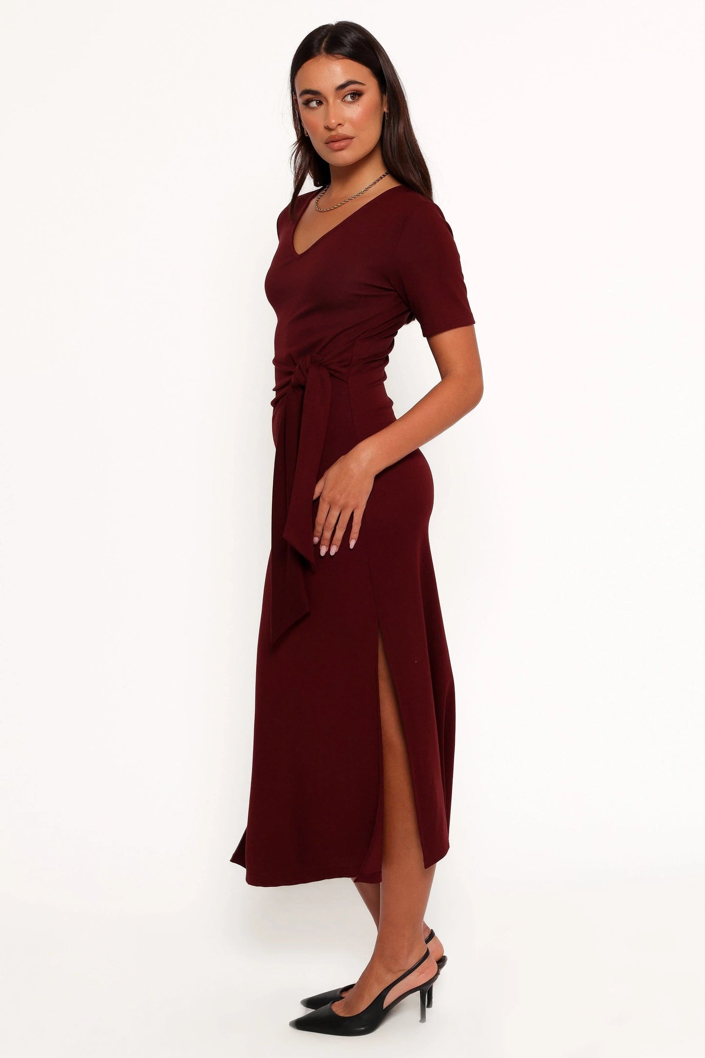 Tie-Waist Round-Neck Midi Dress