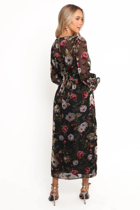 Velvet Floral High-Neck Midi Dress
