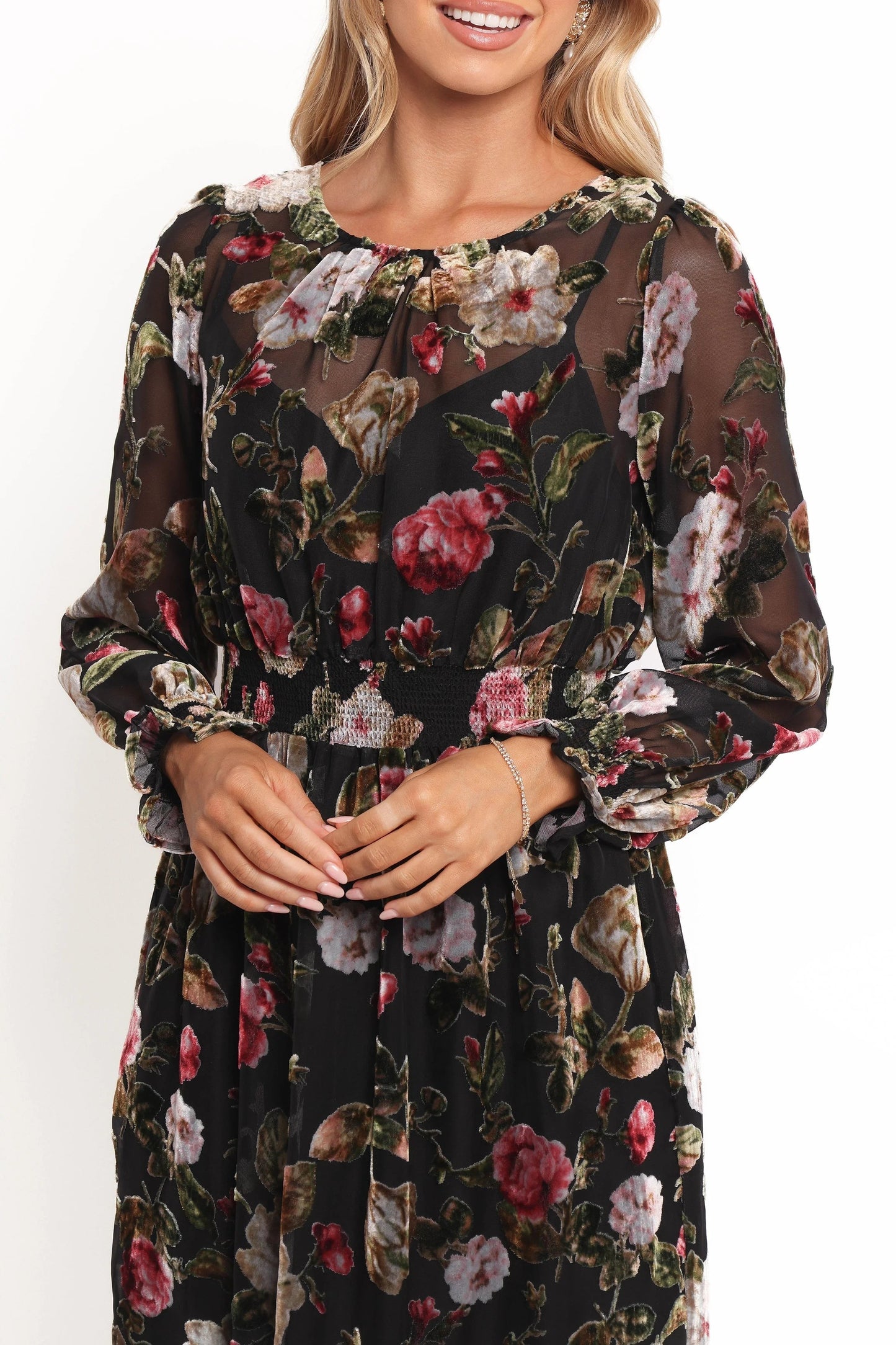Velvet Floral High-Neck Midi Dress