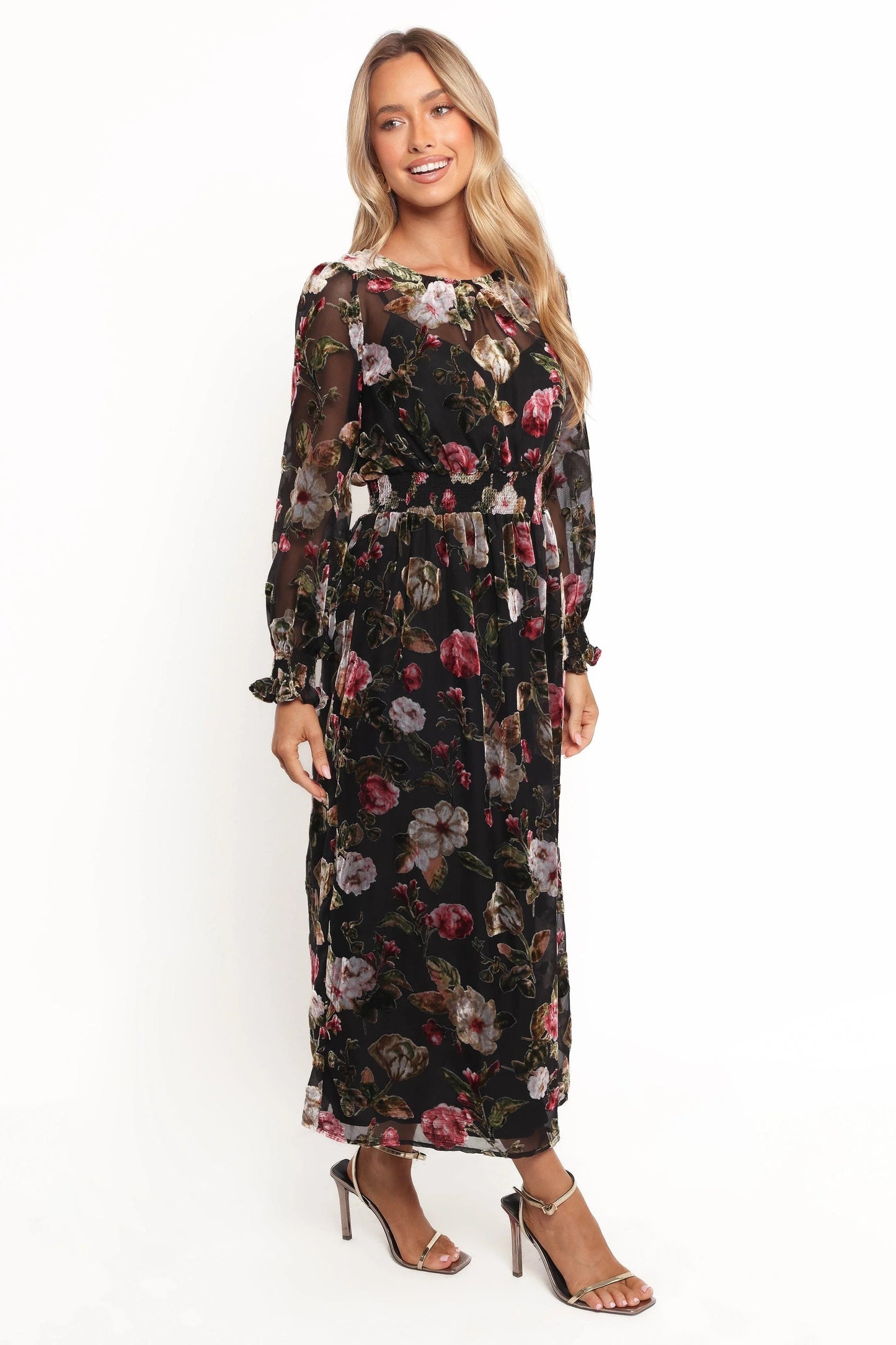 Velvet Floral High-Neck Midi Dress
