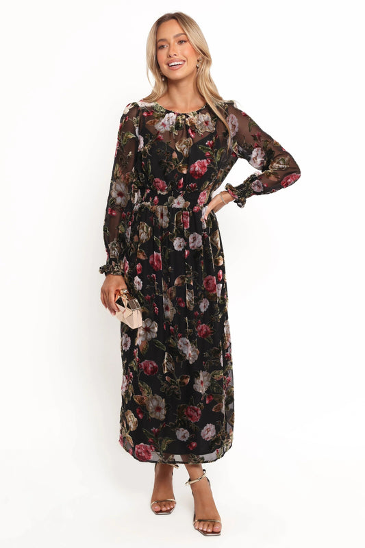 Velvet Floral High-Neck Midi Dress